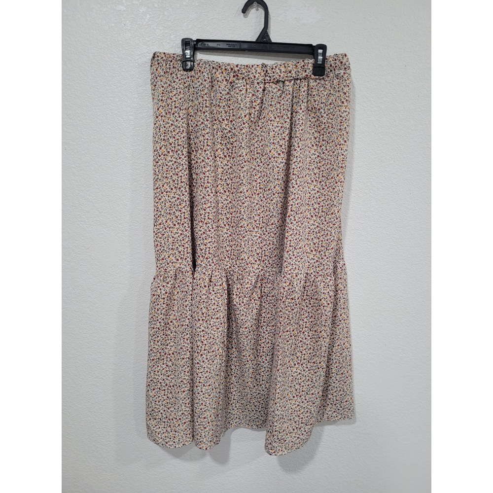 Floral Tiered Midi Skirt Elastic Waist‎ Cream Red Yellow Ditsy Print Boho #P3/20